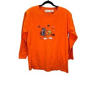 Vintage 80s Malarkey Halloween Witch Broom Embroidered Long Sleeve Top size M